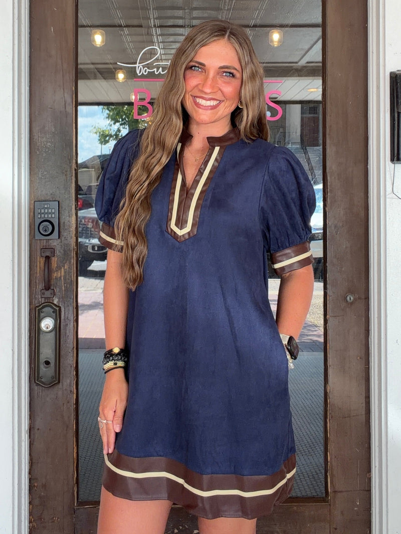 faux suede mini dress Indigo Color:NAVY-FUCHSIA The Ultimate Baby Shower it features a strapless dress code:sleep