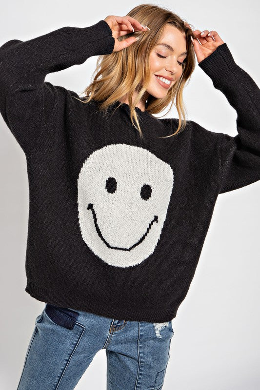 Smile Face Pattern Knit Sweater Black - Southern Fashion Boutique