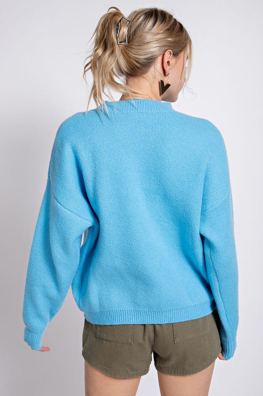 Smile Face Pattern Knit Sweater Crayon Blue