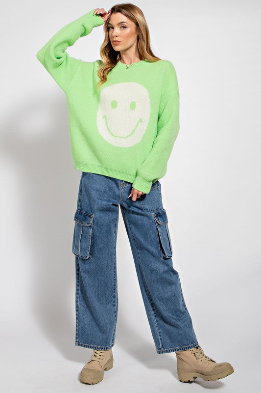 Smile Face Pattern Knit Sweater Lime