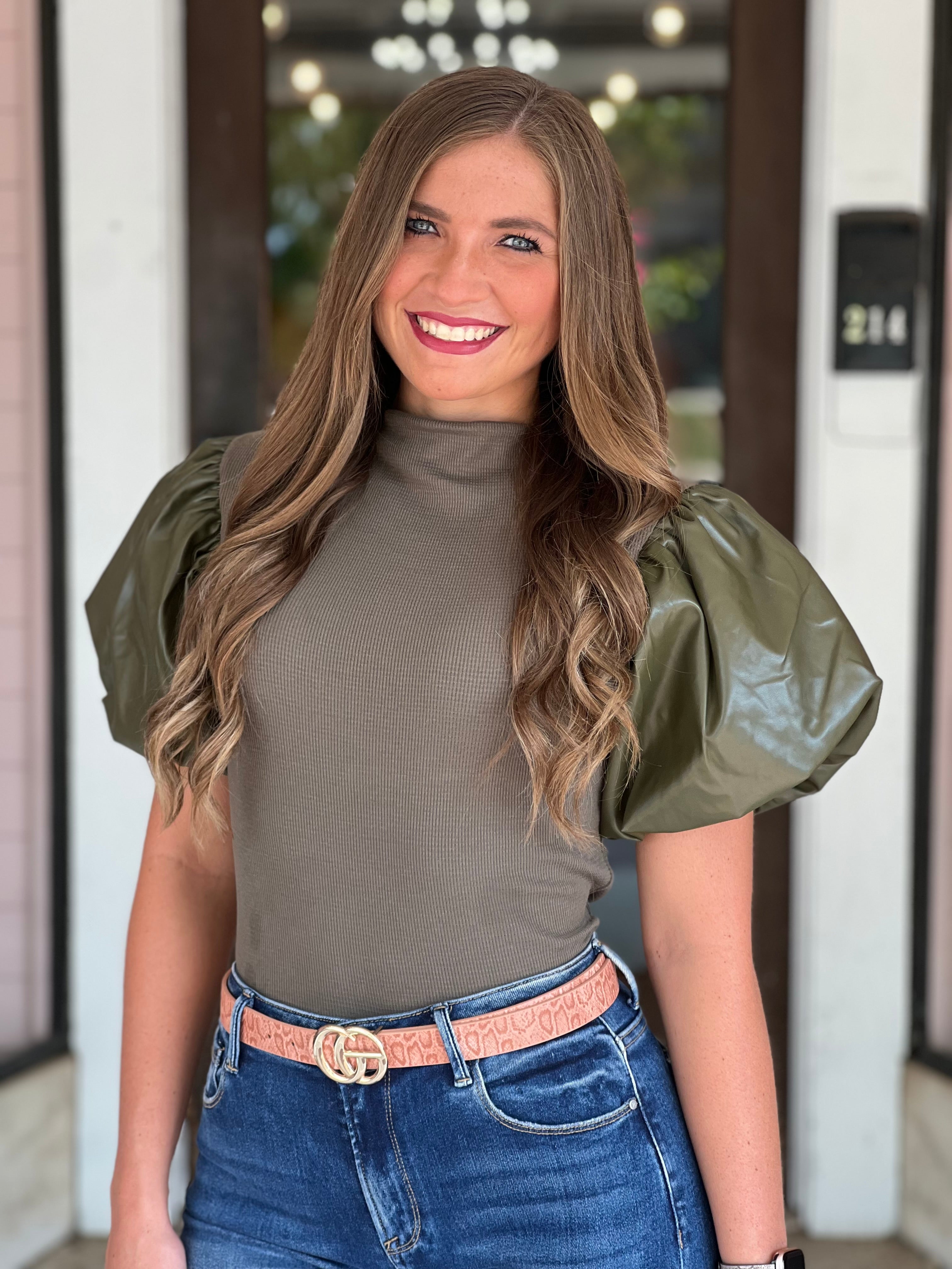 Waffle Knit Leather Puff Sleeve Top Olive - Southern Fashion