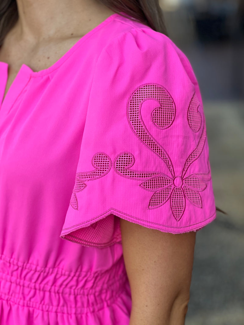 Embroidery Cut-Out Sleeves Tiered Maxi Dress Pink