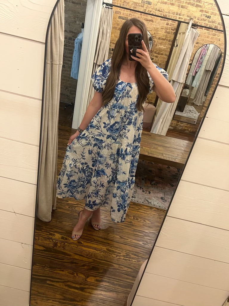 Floral Printed Eyelet Lace Midi Dress Blue/White - Southern Fashion Boutique Bliss Floral Printed Eyelet Lace Midi Dress Blue/White - Southern Fashion Boutique Bliss