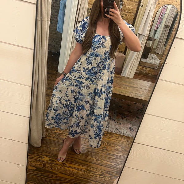 Sleeveless Blue And White Flowery Dress Floral Printed Eyelet Lace Midi  Dress Blue/White Southern Fashion Boutique Bliss