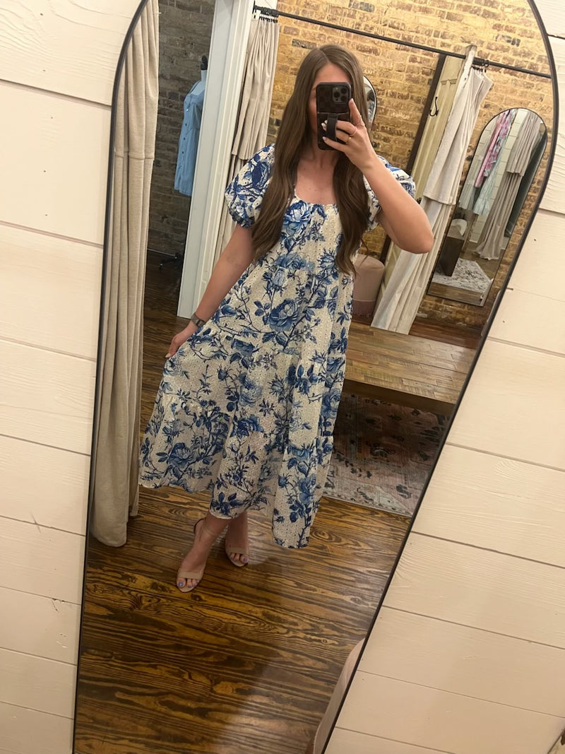 Floral Printed Eyelet Lace Midi Dress Blue/White