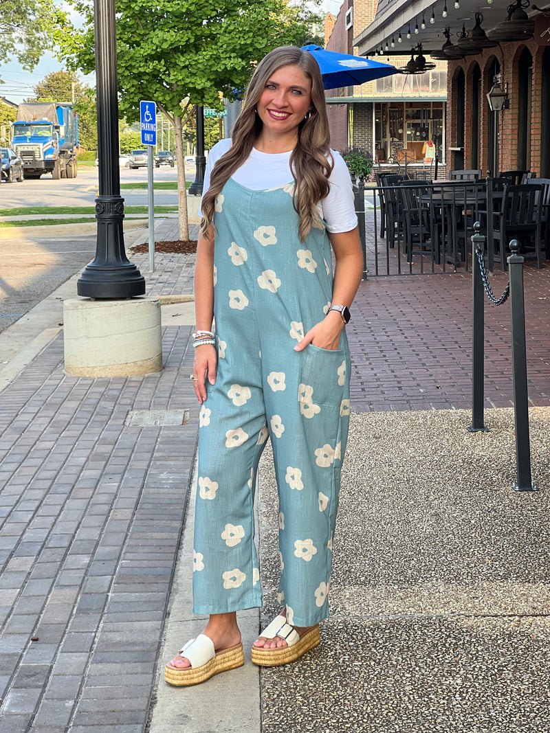 Floral Print Jumsuit with Pockets Mint/Taupe
