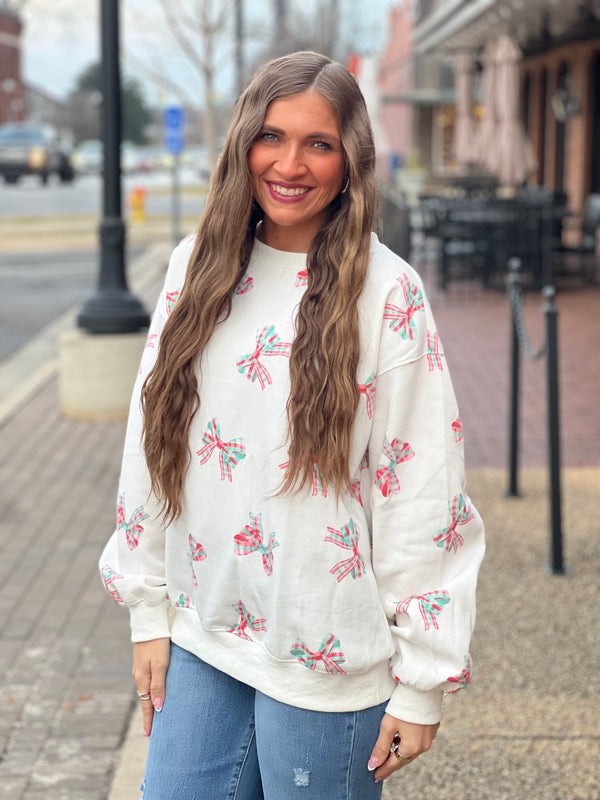 Christmas Plaid Bow Fleece Sweatshirt Off White