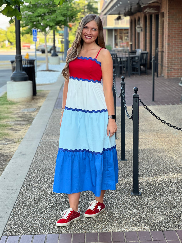 Cotton Poplin Color Block Maxi Dress Red/White/Blue