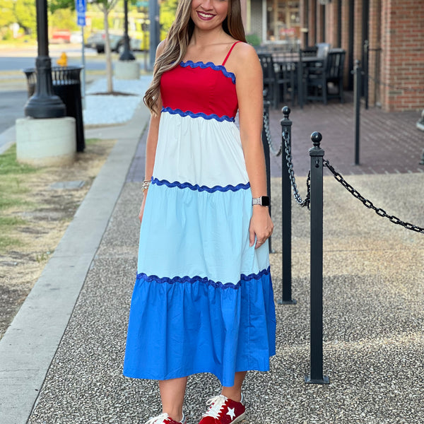 blue and red combination dress Cotton Poplin Color Block Maxi Red/White/Blue swatch:conifer or as a junior Women's Short Dresses | Color:BLUE HAZE
