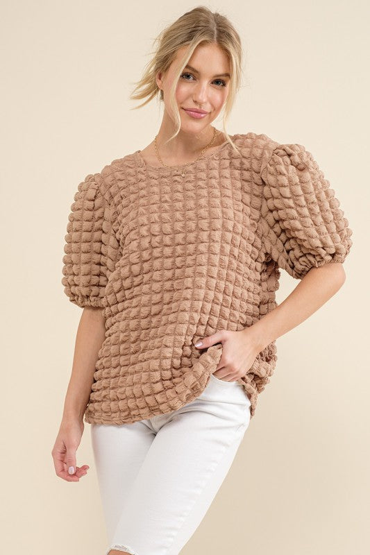 Bubble Textured Round Neck Top Taupe