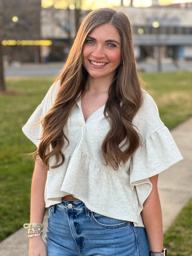 Short Sleeve Ruffled Hoodie Crop Top Oatmeal