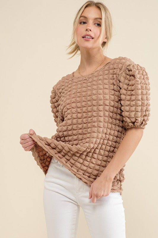 Bubble Textured Round Neck Top Taupe