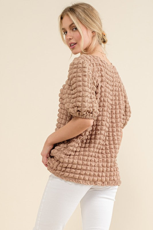Bubble Textured Round Neck Top Taupe