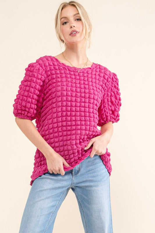 Bubble Textured Round Neck Top Fuchsia