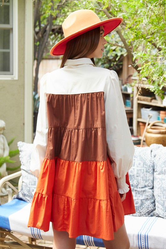 Color Block Poplin Mini Dress Orange Brown