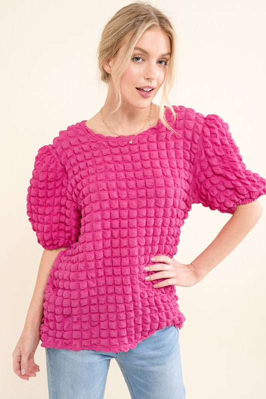 Bubble Textured Round Neck Top Fuchsia