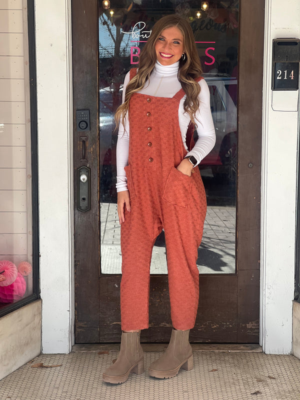 Checkered Knit Button Front Jumpsuit Rust