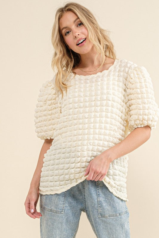 Bubble Textured Round Neck Top Ivory