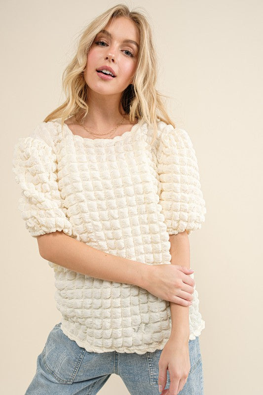 Bubble Textured Round Neck Top Ivory