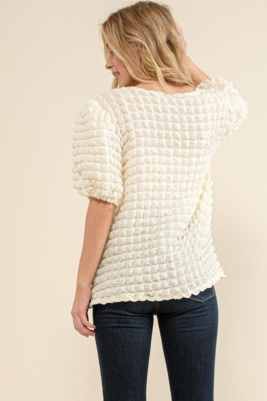 Bubble Textured Round Neck Top Ivory