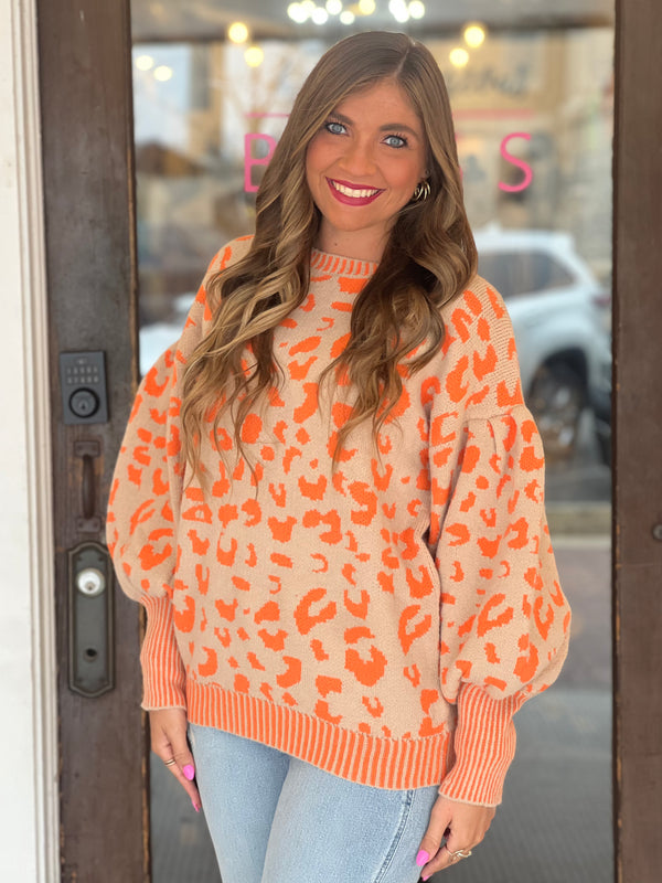 Leopard Print Knit Tuck Puffs Sweater Taupe/Orange