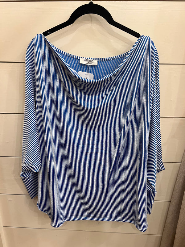 Ribbed Cowl Neck Dolman Sleeve Top Blue