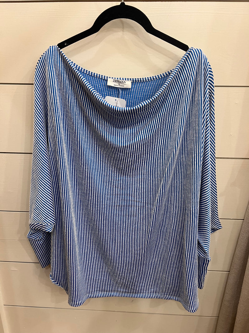 Ribbed Cowl Neck Dolman Sleeve Top Blue