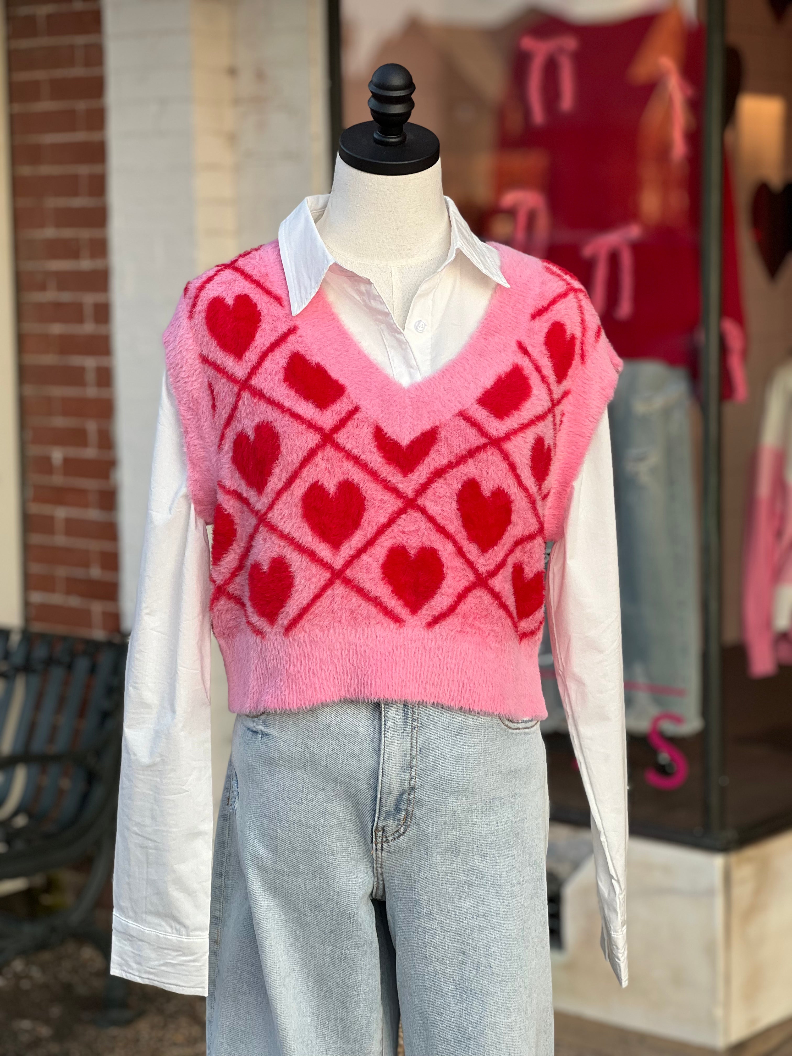 Fuzzy Heart Cropped Sweater Vest Pink/Red - Southern Fashion