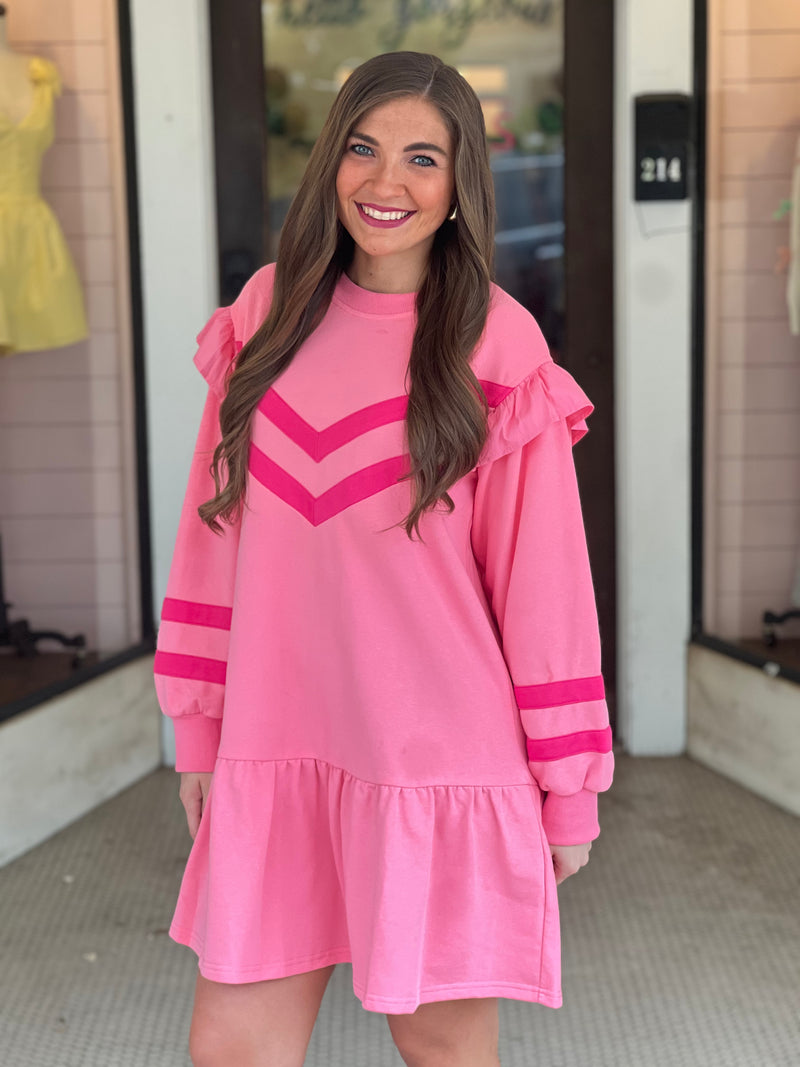 Bias Stripe Long Sleeve Tiered Knit Dress Pink