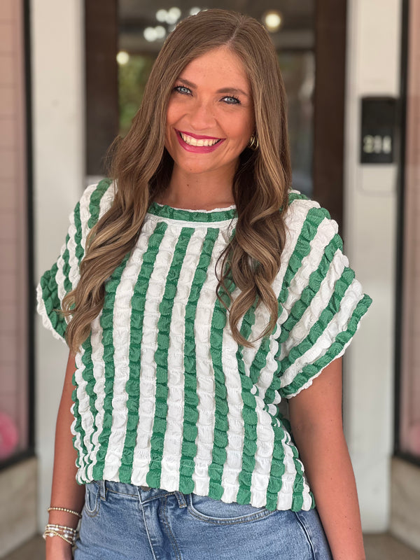 Textured Striped Short Sleeve Cropped Top Green