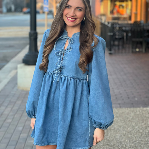 jeanie bow shoulder mini dress denim Jeanie Bow Shoulder Mini Dress Black