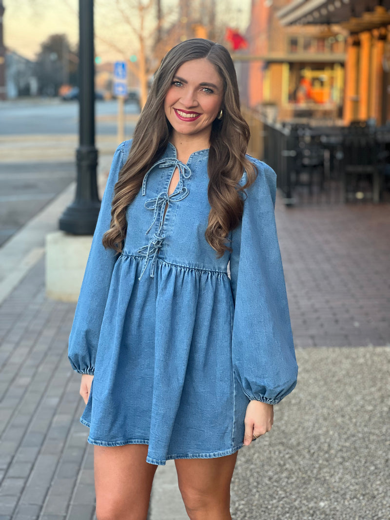 Bow Mini Dress Medium Wash Denim - Southern Fashion Boutique Bliss Bow Mini Dress Medium Wash Denim - Southern Fashion Boutique Bliss
