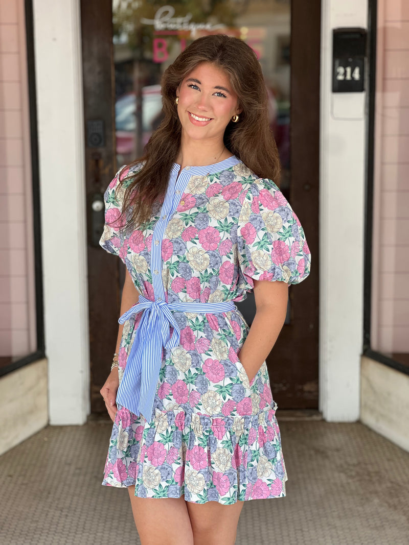 Flower Print Belted Dress Off White