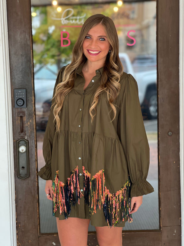 Poplin Sleeve Tiered Shirt Sequin Dress Olive