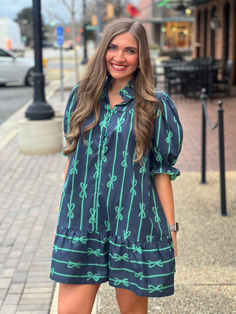 Scalloped High Neck Mini Dress Bubble Navy