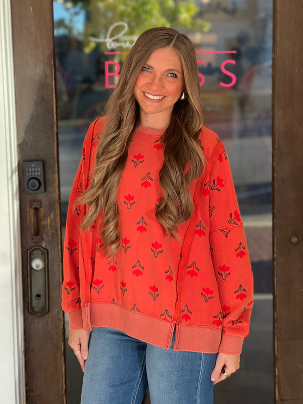 Floral Print Washed Thermal Pullover Top Red