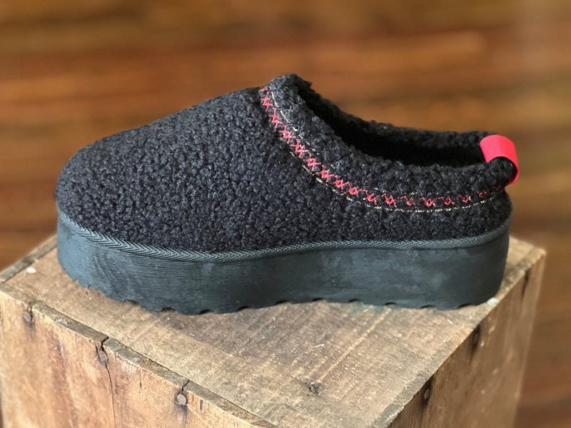 Teddy Fur Ugg Style Platform Slide Mule Black