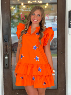 Poplin Ruffle Sleeve Star Sequin Dress Orange