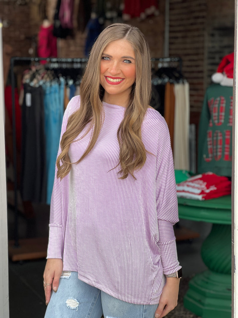 Ribbed Cowl Neck Dolman Sleeve Top Lavender