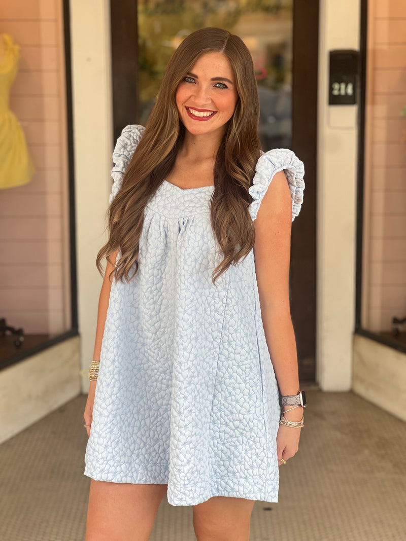 Cap Sleeve Flower Textured Woven Dress Sky