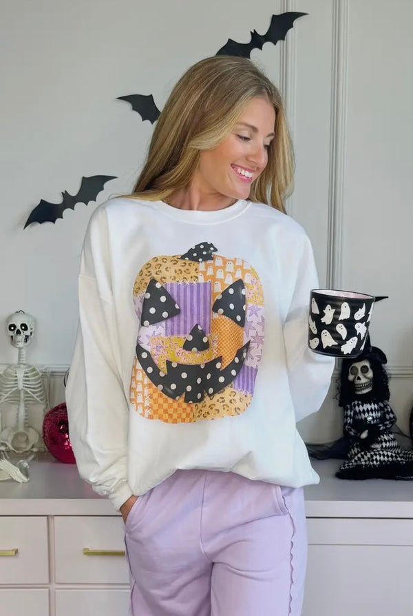 Patchwork Jack O Lattern Sweatshirt Cream
