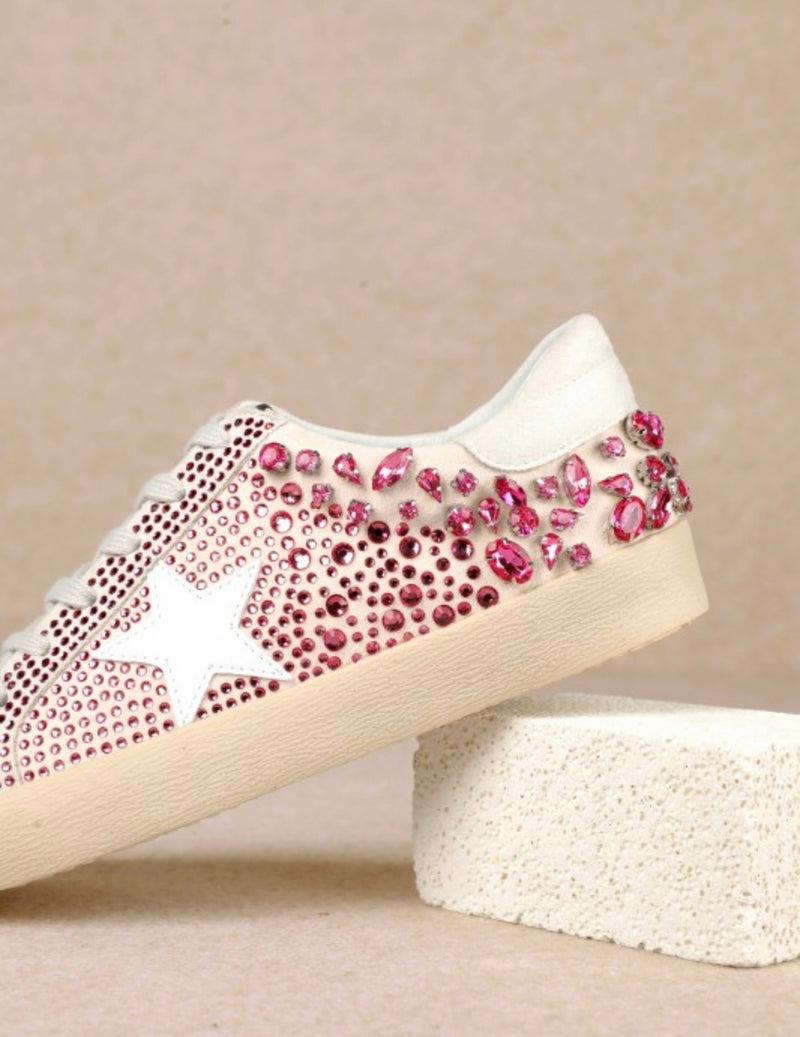 Low Top Lace Up Rhinestone Star Sneaker Pink
