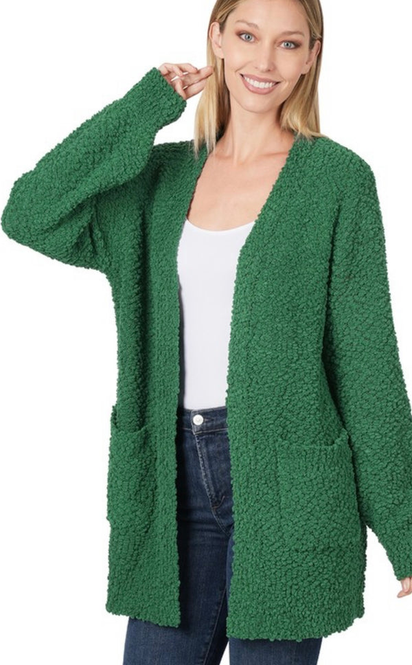 Popcorn Sweater Cardigan w/Pockets Dark Green