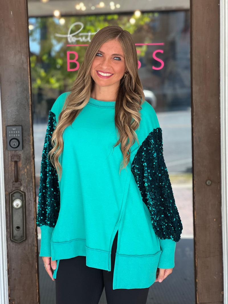 Sequin Sleeve French Terry Pullover Top Turquoise
