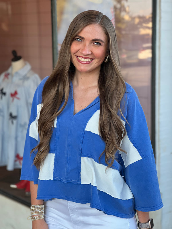 Color Block Washed Cropped Top Blue