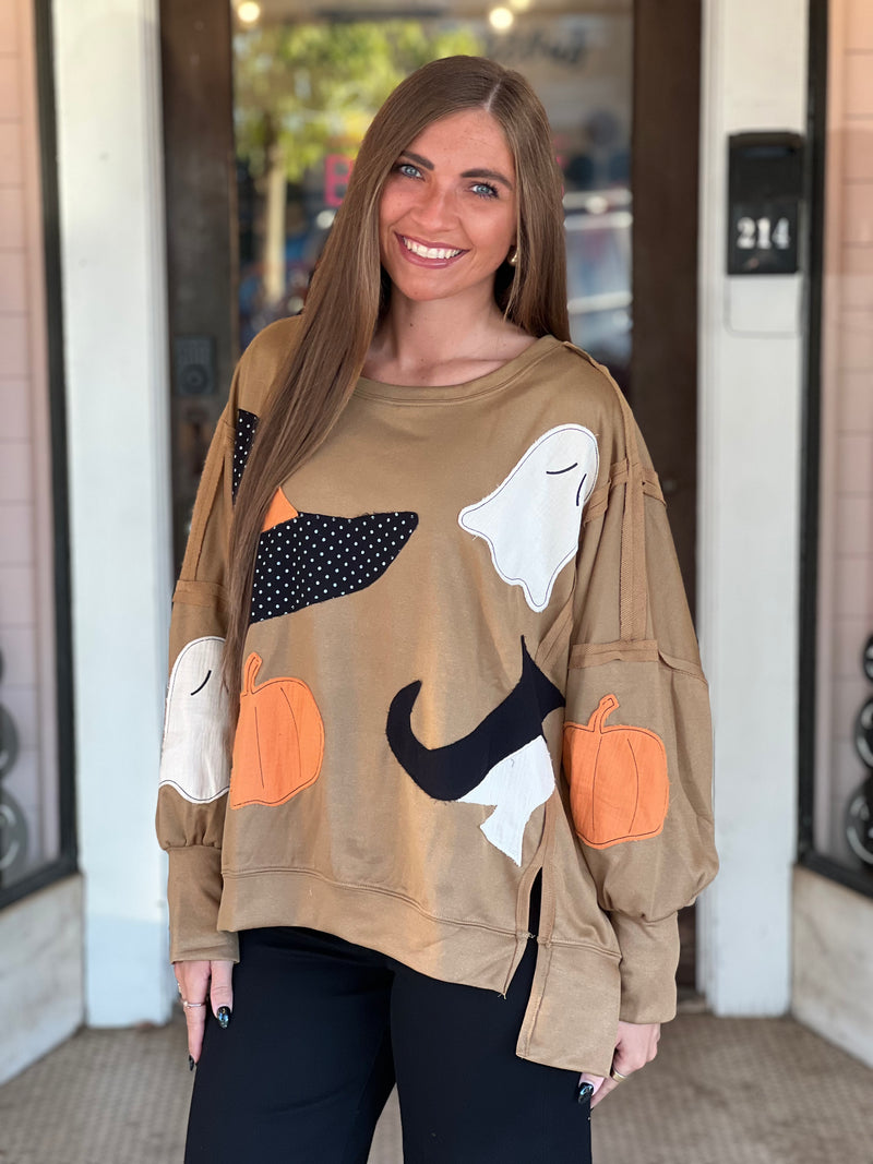 Halloween Theme French Terry Sweater Mocha
