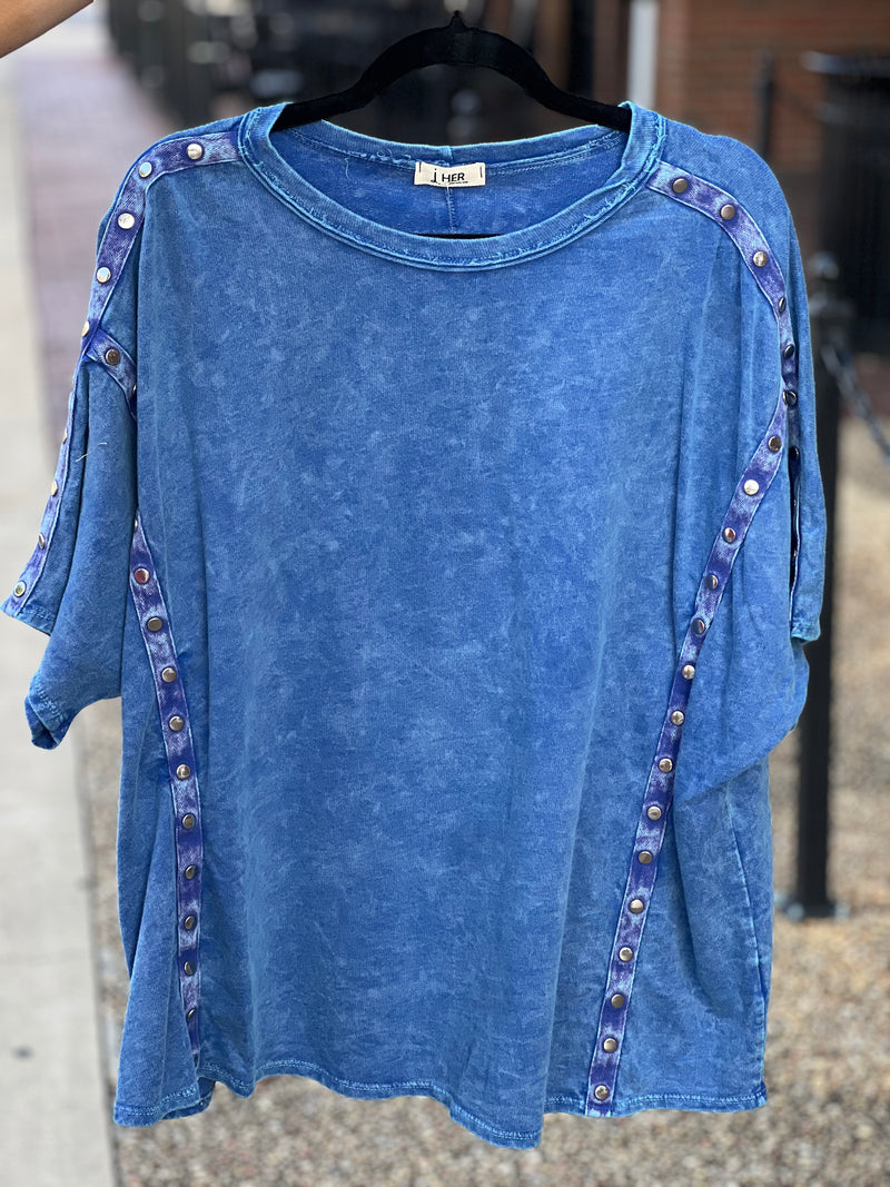 Mineral Washed Studded Crewneck Top Cobalt