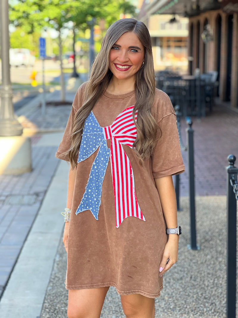 America Flag Bow Graphic Dress Toffee