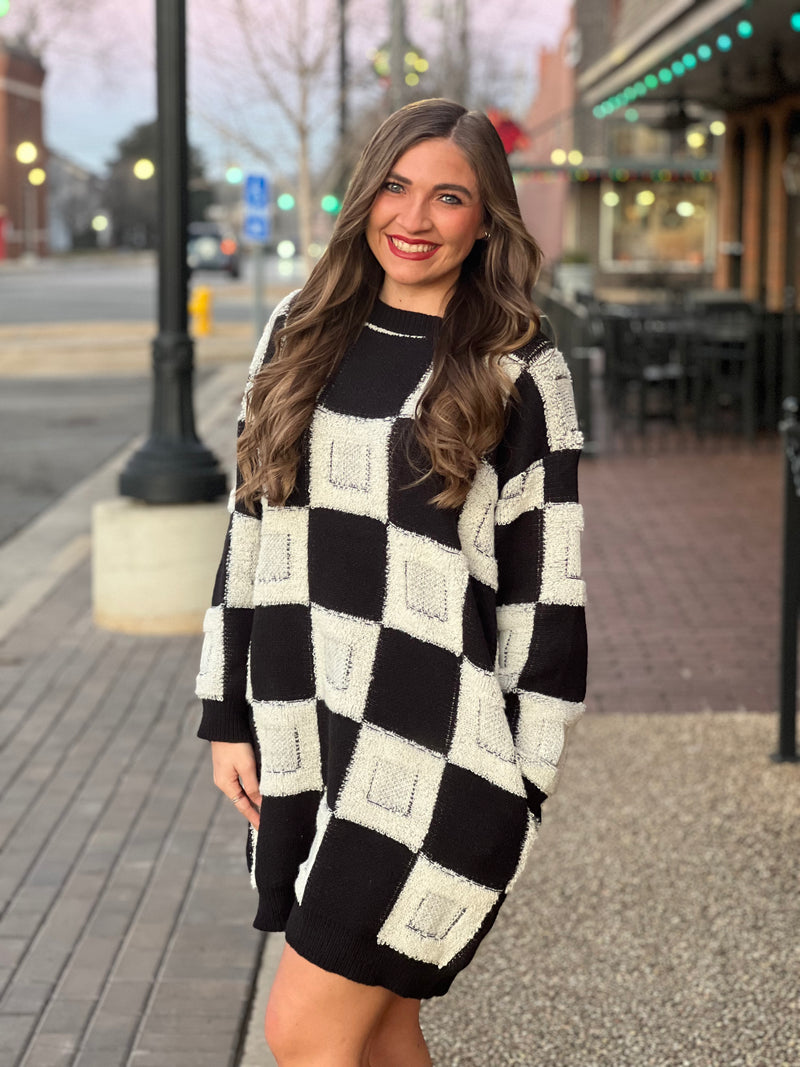 Checkered Sweater Mini Dress Black/Oatmeal
