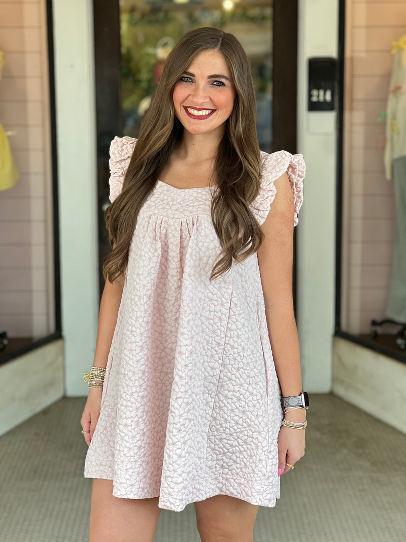 Cap Sleeve Flower Textured Woven Dress Blush